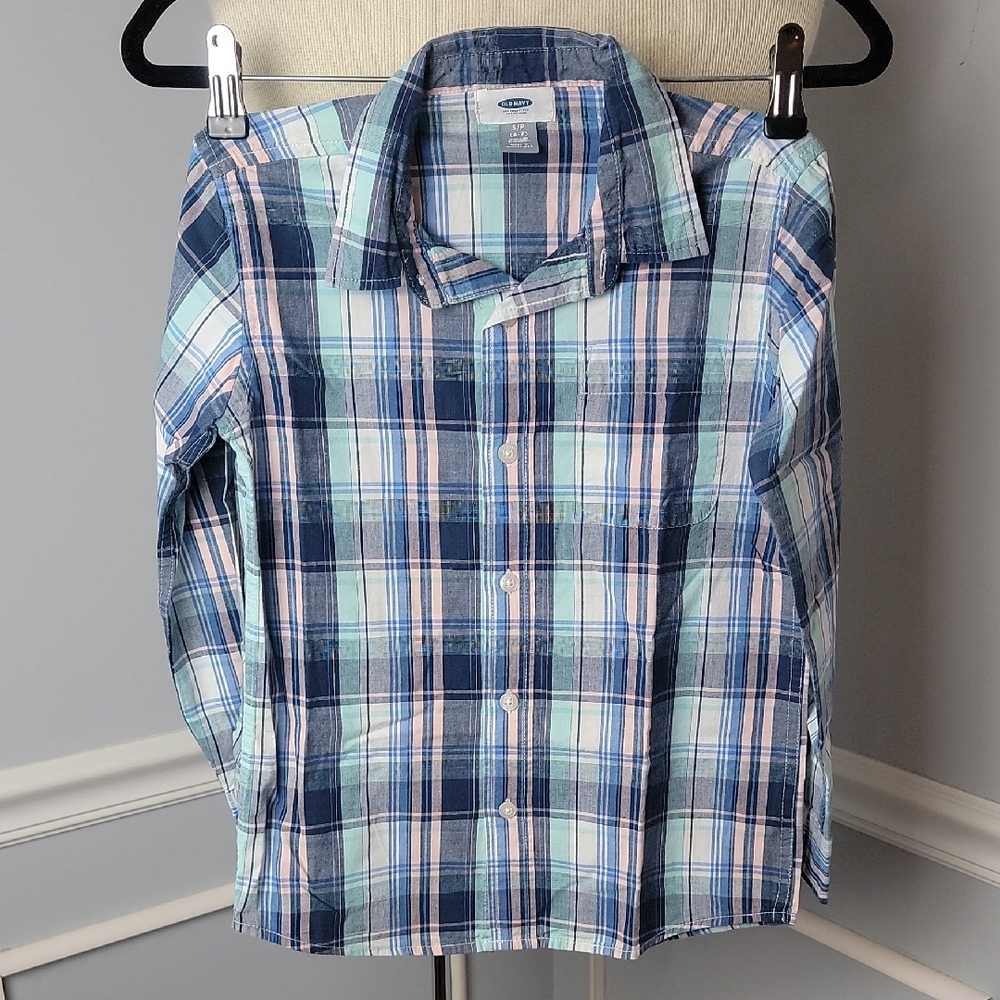 OLD NAVY **3 for $20 item** Boy's Blue Pink Plaid Casual Button Down Shirt S‎
